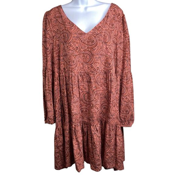 Lucky Brand Women's Maroon Paisley Tiered Dress Size L Western Bohemian Flowy‎ - Picture 1 of 12